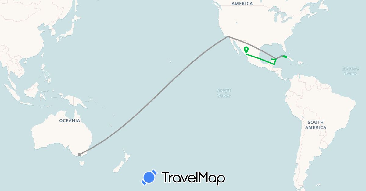 TravelMap itinerary: driving, bus, plane, boat in Australia, Belize, Cuba, Mexico, United States (North America, Oceania)